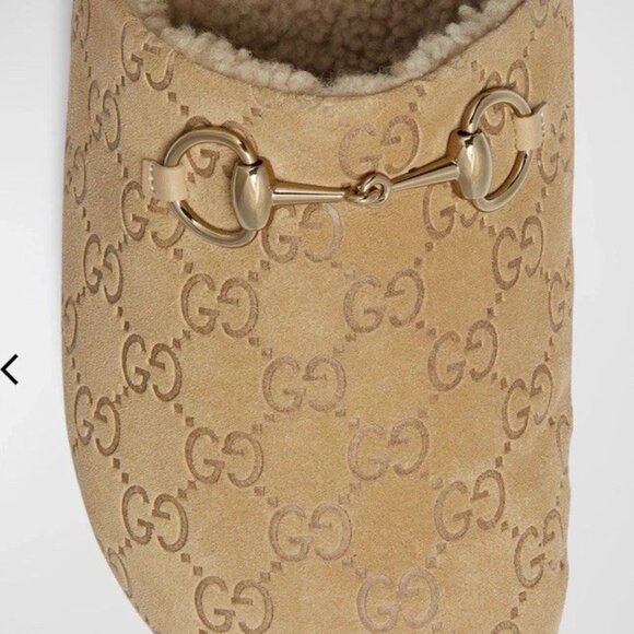 Horsebit Gucci GG Suede Shearling Mules Beige Size 38 - Picture 3 of 4